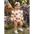 thumbnail image 6 of RUINIXCW Newborn Baby Girl My First Halloween Outfit Infant Baby Girl Fall Winter Clothes Bubble Romper Pumpkin Ghost Embroidery Ruffle Long Sleeve Bodysuit Headband Set, 6 of 9