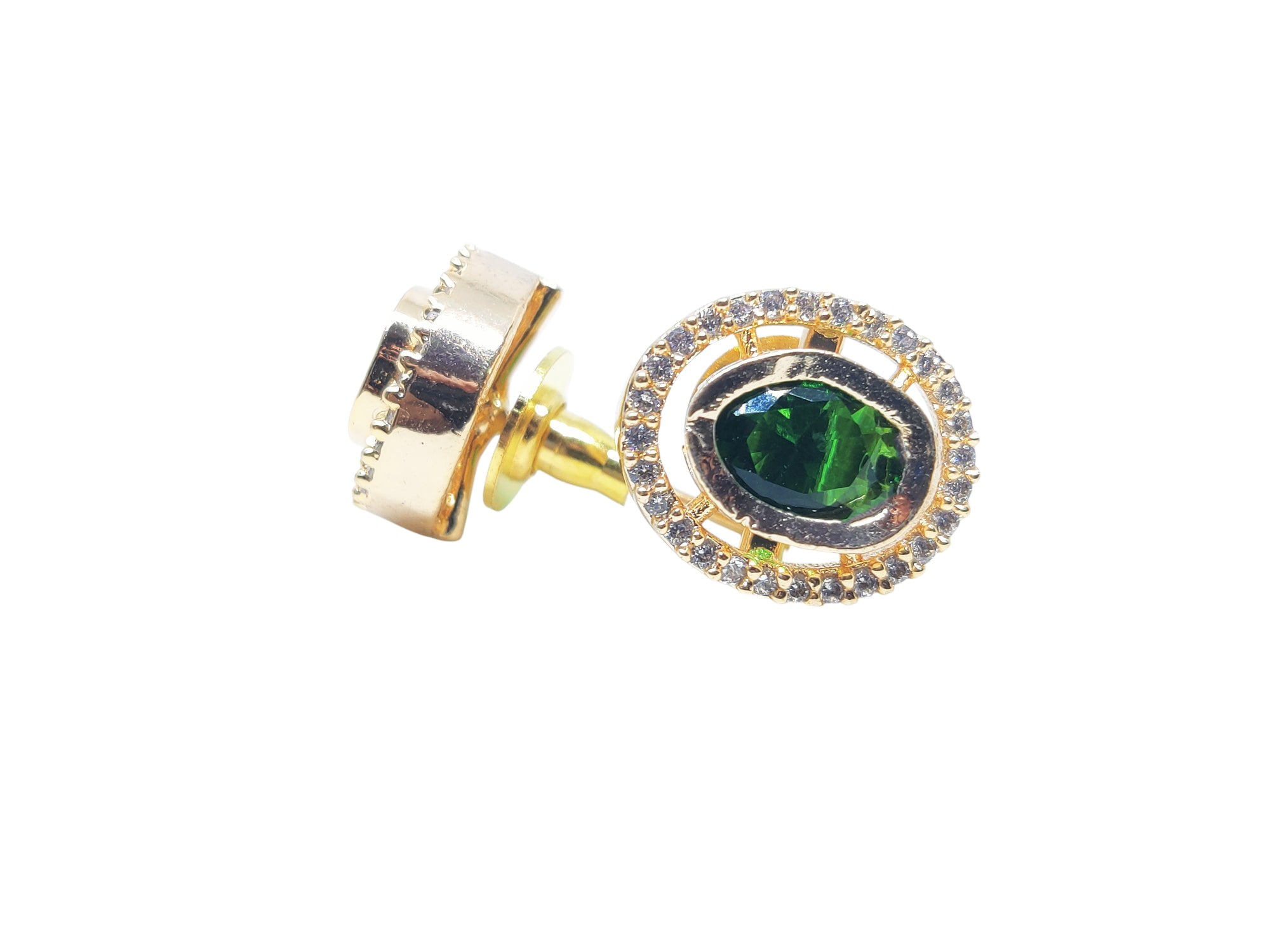 Juhi Jewels Gold Tone Brass Stud Earrings for Women – Green Crystal Gem with Clear Crystal Halo, Anti-Tarnish Fashion Jewelry