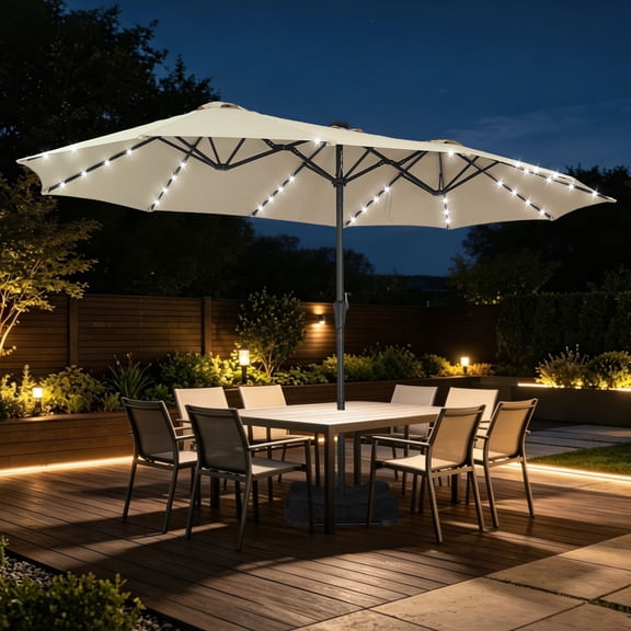 Ainfox 15ft Large Patio Umbrella with Solar Lights, Double-Sided Outdoor Rectangle Table Umbrellas with Sand Bag Base，Beige