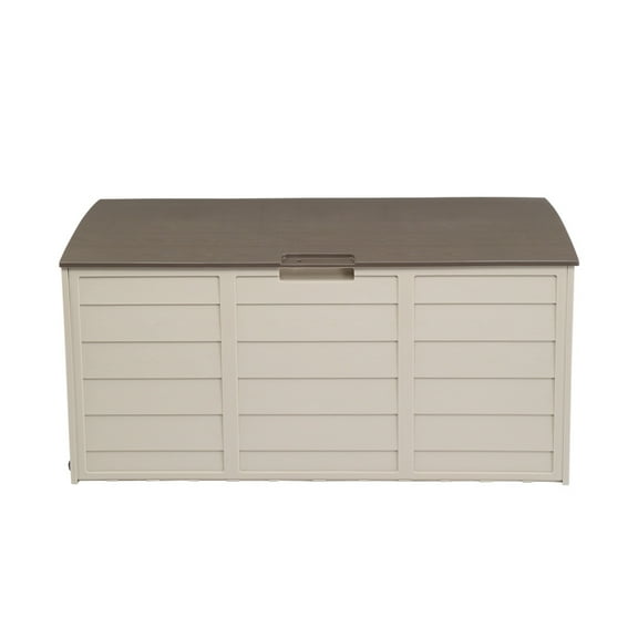 75 Gallon Plastic Yard Storage Box with 2 Wheels & Lockable Seat, Outdoor Storage Deck Box Chest for Backyard, Porch, Patio, Garden, All-Weather Storage Container for Tools, Toys, Brown