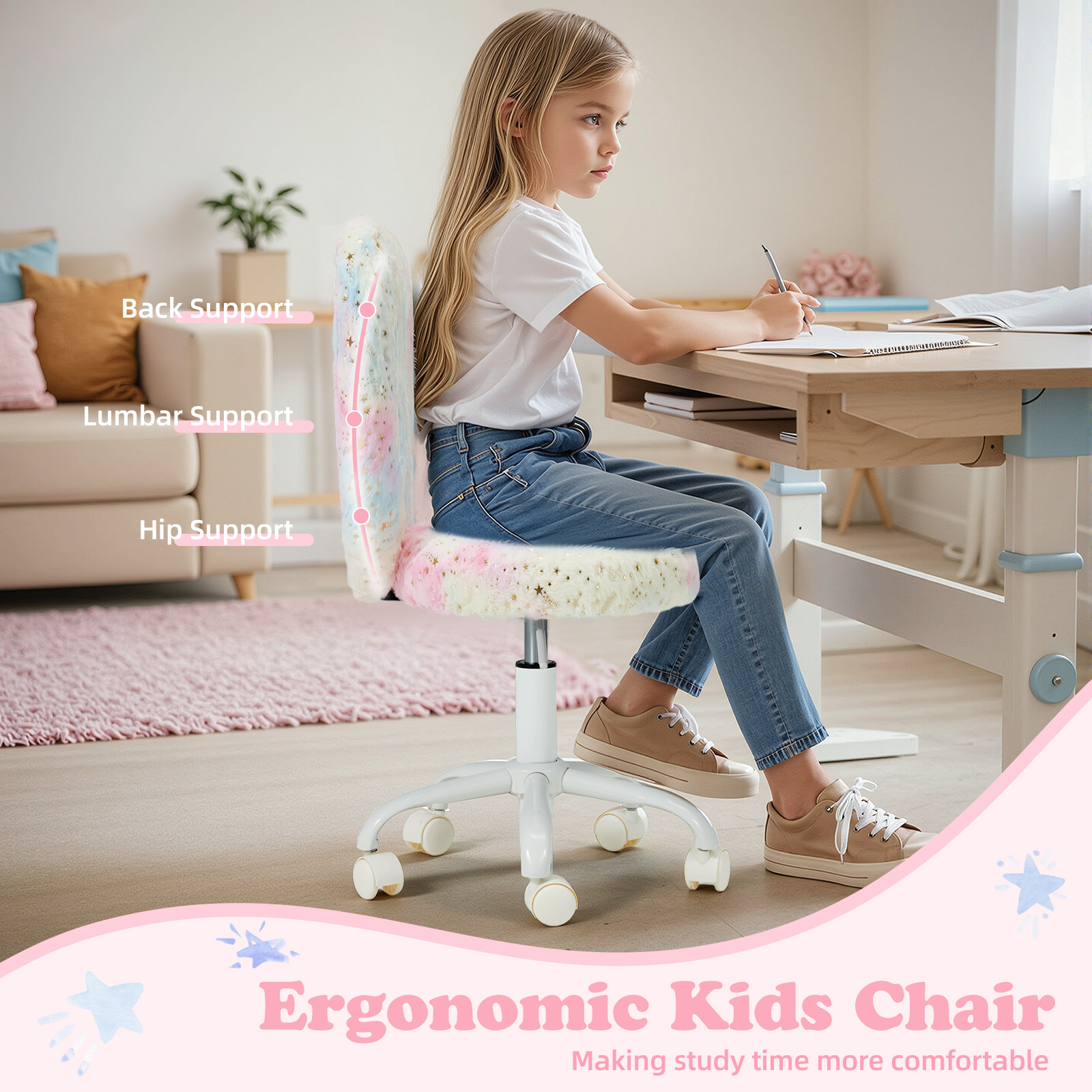 Vicluke Kids Desk Chair with Wheels Adorable Fluffy Girls Desk Chair with Heart-Shaped Backrest Design Adjustable Seat Height for Bedrooms & Study Rooms, Colorful