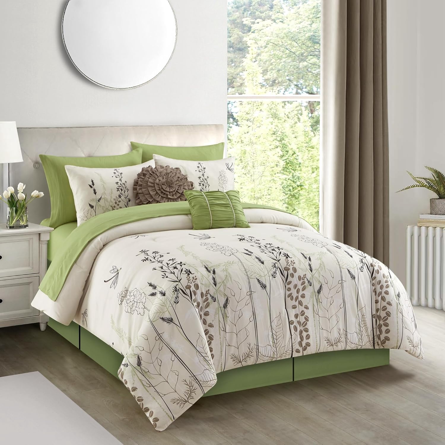 MUYIQIN Green/White King Bed Comforter Set, 10 Piece, Microfiber Print Ultra Soft, Premium Microfiber,1 Flat Sheet,1 Fitted Sheet