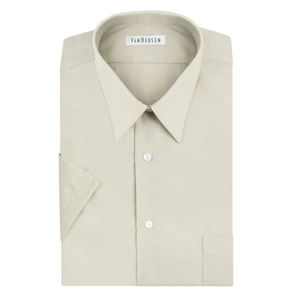 Van Heusen Men's Dress Shirts Short Sleeve Poplin Solid, Stone, 17" Neck