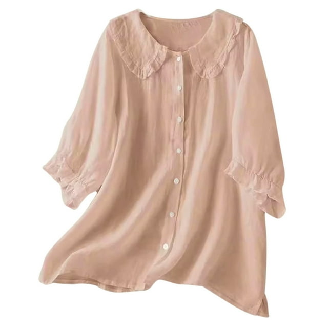 Womens Summer Tops Solid Ethnic Style Button Up Medium Sleeved Linen Shirt Top Womens Shirts Red XL