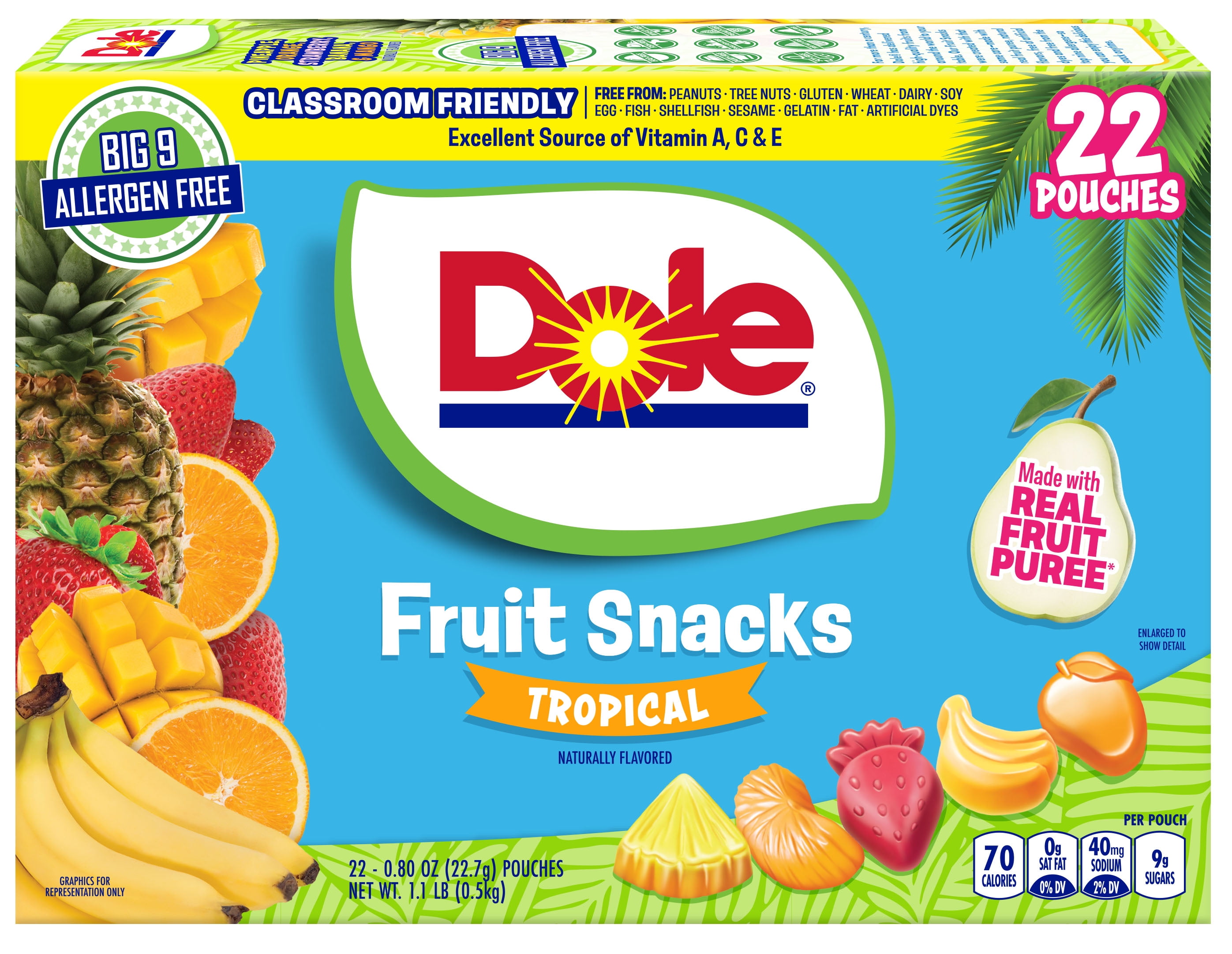 Dole Fruit Snacks, Tropical Flavored, Big 9 Allergen Free, Dye Free, Gluten Free, Gelatin Free, Lunch Snacks 22 Count