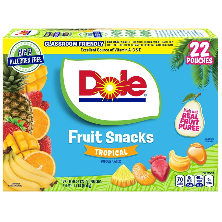 Dole Fruit Snacks, Tropical Flavored, Big 9 Allergen Free, Dye