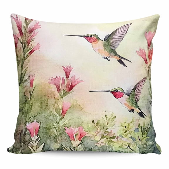 Throw Pillow Covers 18x18 Inch, Hummingbird Red Floral Decorative Pillow Cases for Couch Sofa Bed, Rustic Botanical Green Ombre Cotton Linen Square Home Decor Pillowcases with Hidden Zipper