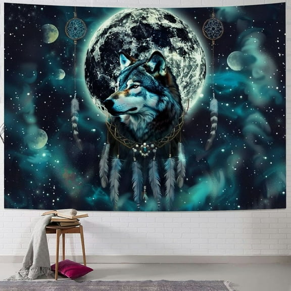 BCIIG Trippy Wolf Moon Phase Dreamcatcher Tapestry, Cool Animal Aesthetic Galaxy Dream Catcher Tapestry Wall Hanging for Men Bedroom, Boho Space Tapestries Poster Blanket College Dorm Home Decor