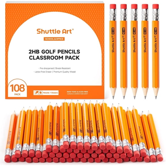 Shuttle Art 108 Pack Golf Pencils with Erasers, #2 HB Pencils Bulk, 3.5” Mini Pencil, Pre-Sharpened Small Pencil for Writhing, Drawing and Sketching