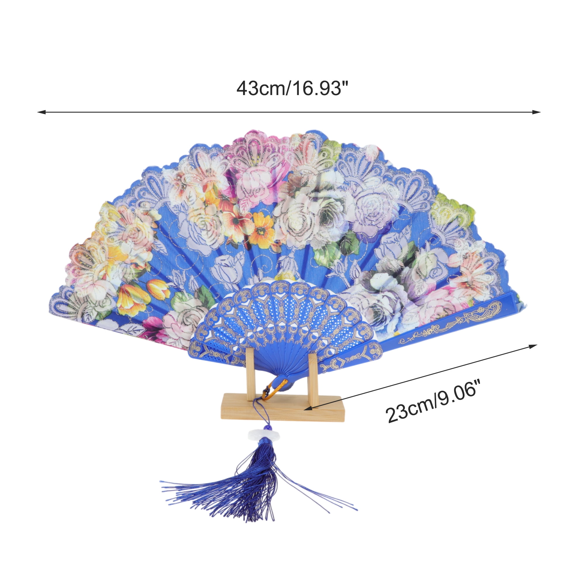 Unique Bargains Rose Print With Tassel Folding Fan 1 Pc For Summer Events Decorations Blue