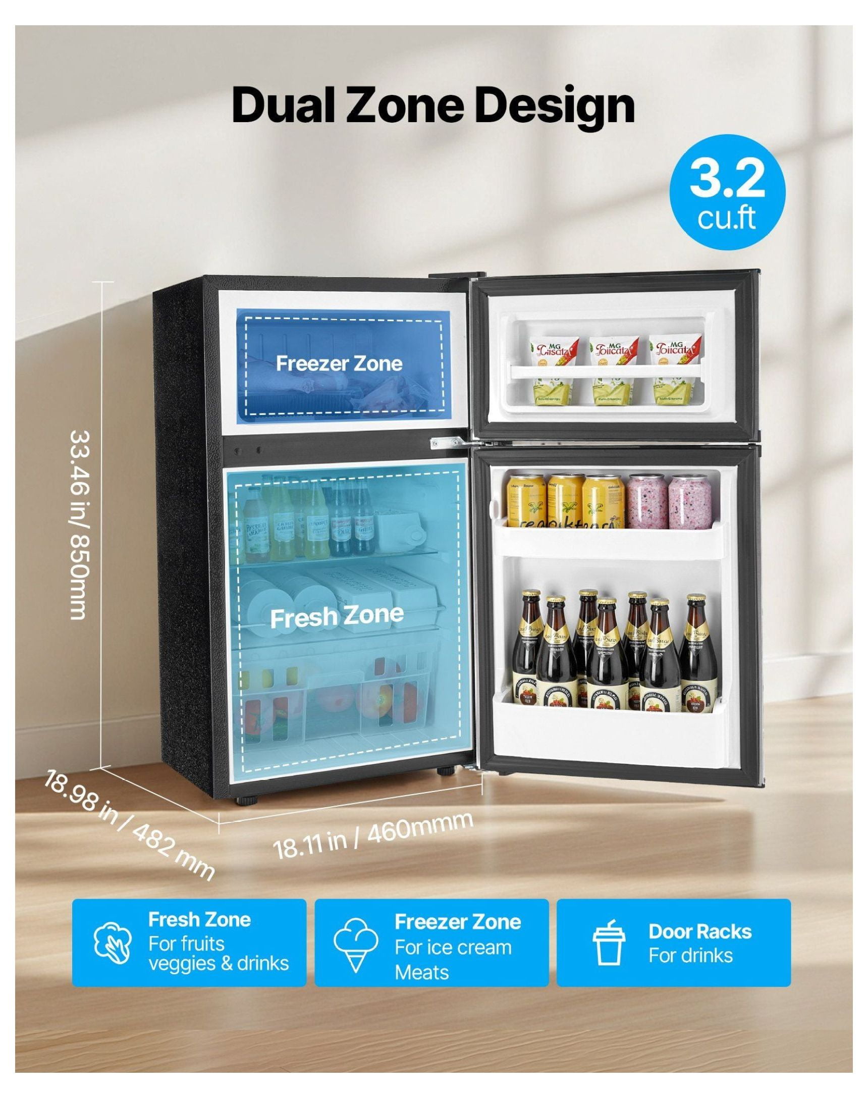 Mini Fridge with Freezer 3.2 Cu.Ft, Compact Refrigerator Two Door, Adjustable Temp, Energy Efficient, Reversible Door, Low Noise - Bedroom, Dorm, Office
