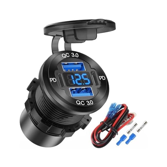 Upgraded 4 Port 12V USB Outlet Aluminum Charger, 78W Dual PD & QC Multiple USB Port for Car, USB C Cigarette Lighter Replacement 12 Volt Socket with Voltmeter Waterproof for Marine Boat Motorcycle RV