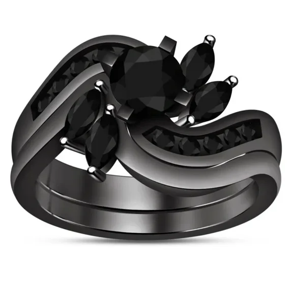 Dreamofdazzles Jewels 2.40 Ct Round Cut Black Diamond Engagement Wedding Thanksgiving Christmas Bridal Ring Set 14K Black Gold Plated 925 Sterling Silver For Women's -5.5