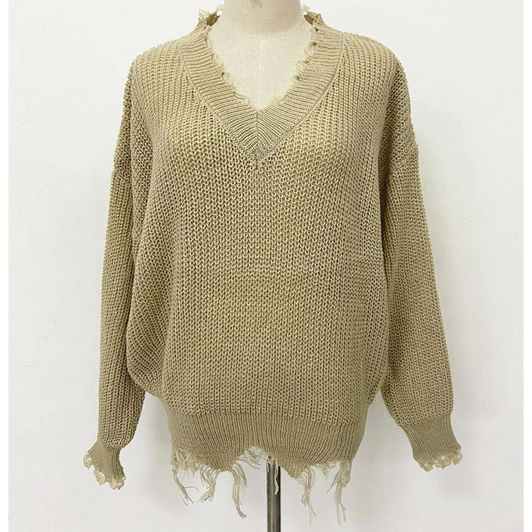 Fall Sweaters for Women 2022 Solid Knit Pullover Sweater V Neck Ragged Sweater Fringe Tassel Frayed Hem Knitted Sweater Women Sweaters Clearance Cheap
