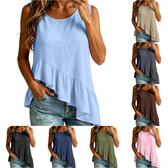 CHENHANN Women's Plaid Sleeveless Shirt Round Neck Loose Fit Casual Summer Top L