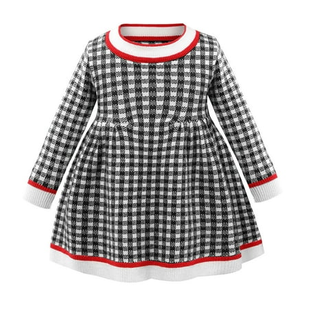 

LNWUY Little Girls Sweater Dress Knitted Cotton Color Block Dresses Fashion Winter Fall Warm Sundress Long Sleeve Clothes Black 80