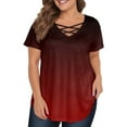 thumbnail image 3 of TQWQT Womens Plus Size Tops Summer Casual Going Out Tees Short Sleeve Crewneck Criss Cross Gradient Pleated T-Shirt 4x-5x Tunic Tops Wine 2XL, 3 of 6