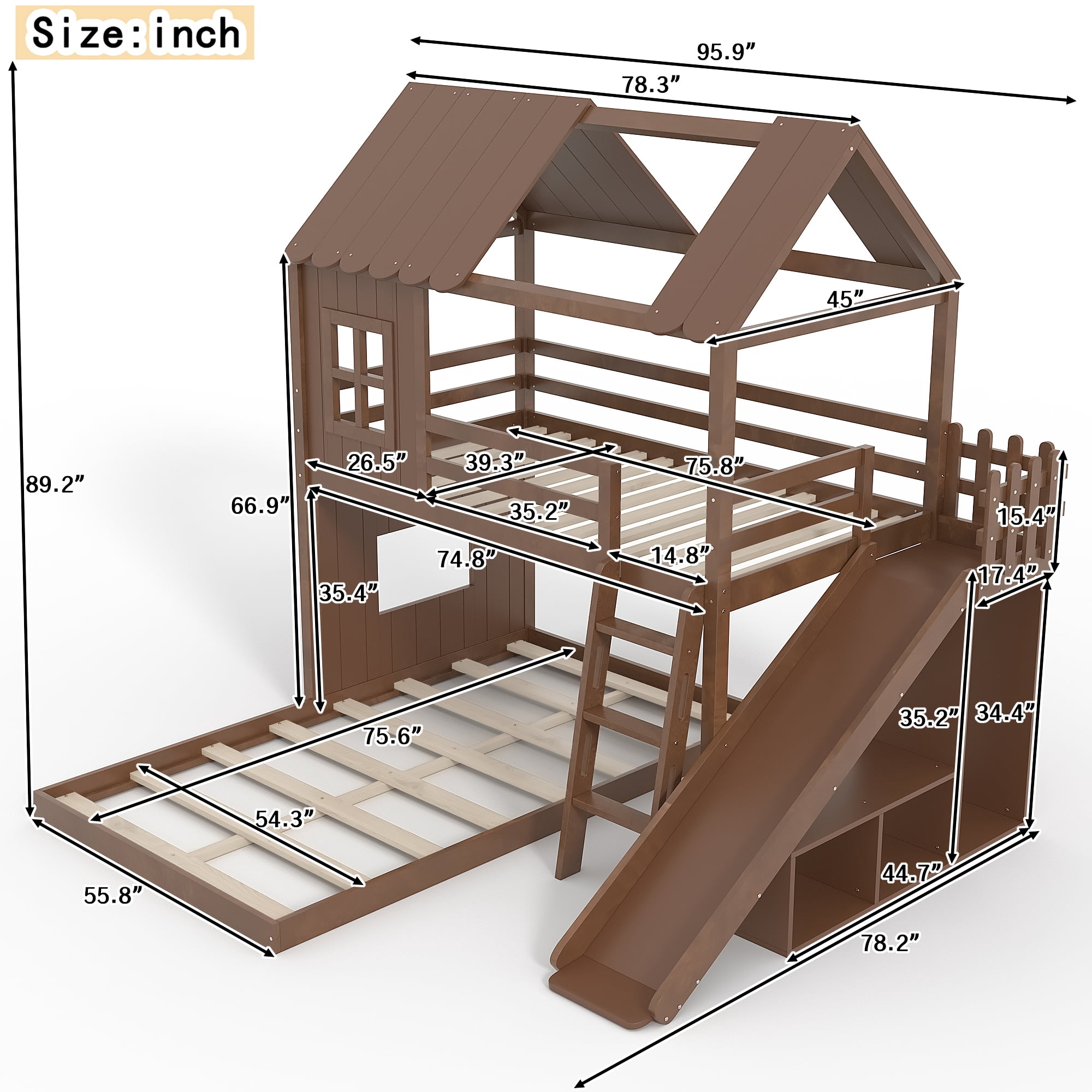 Twin over Full House Bunk Bed with Slide & Ladder, Wood Playhouse Bunk Bed with Storage Shelves & Wardrobe, Floor Bunk Bed for All Ages, Deep Natural