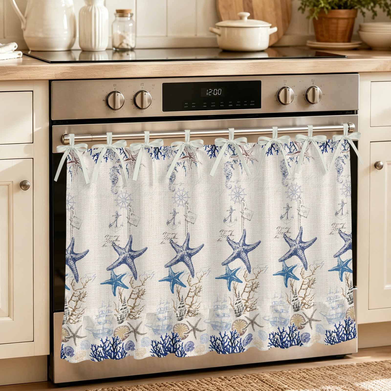 Blue Coastal Oven Skirt for Farmhouse Kitchen D&eacute;cor Summer Starfish Beach Nautical Coral Rustic Oven Curtain Tie Top Decorative Stove Skirt Cabinet Dish Washer Curtains with 8 Ribbon Ties 27 x20