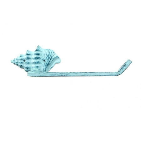 - Rustic Dark Blue Whitewashed Cast Iron Conch Shell Toilet Paper Holder 11