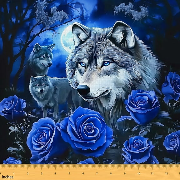 Feelyou Wildlife Wolf Fabric by the Yard 1 Yard for Kids, Blue Romantic Rose Sewing Fabric, Mystic Galaxy Moon Home Decor Fabric by the Yard, Ultra Soft Home Decor