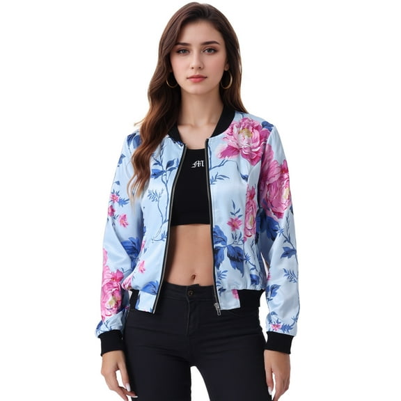 DARING DIVA Women's Stand Collar Front Zipper Satin Bomber Jacket XS Light Blue