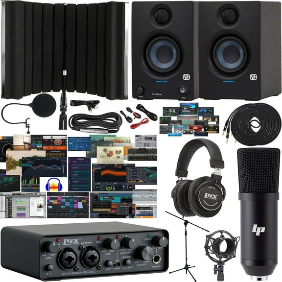 LyxJam 2×2 USB Audio Interface Home Studio Bundle – 24‑bit/96 kHz Interface, Condenser Mic, Monitors, Headphones & Shield