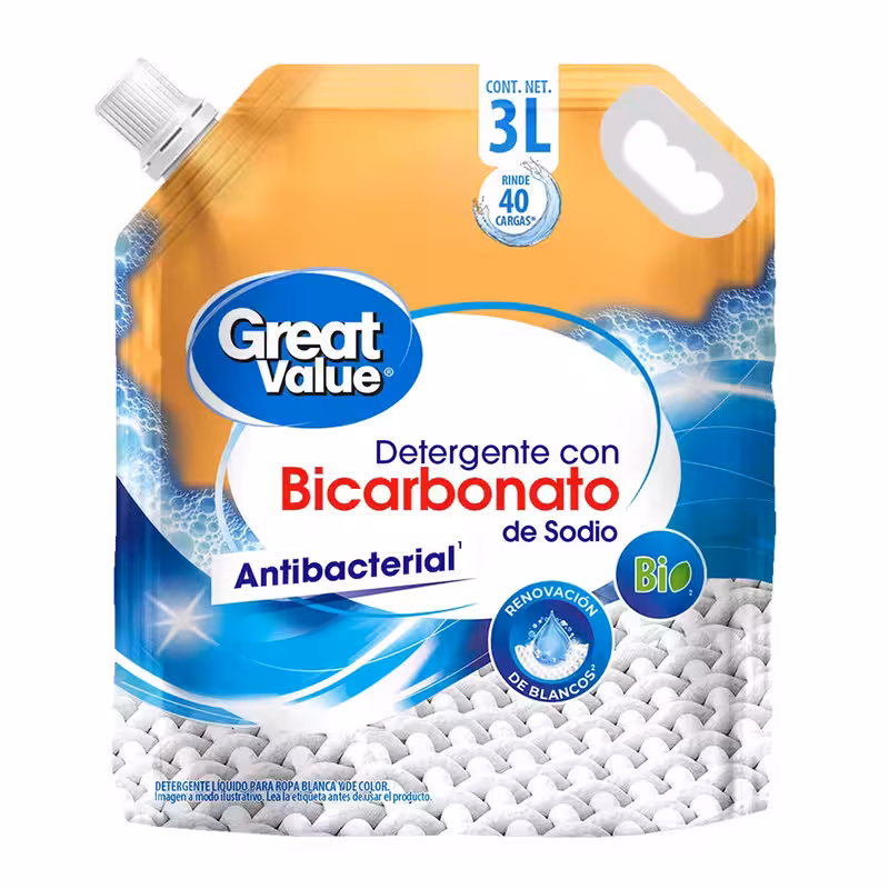 thumbnail image 1 of Detergente Liquido con Bicarbonato Great Value 3 litros Doy Pack, 1 of 5