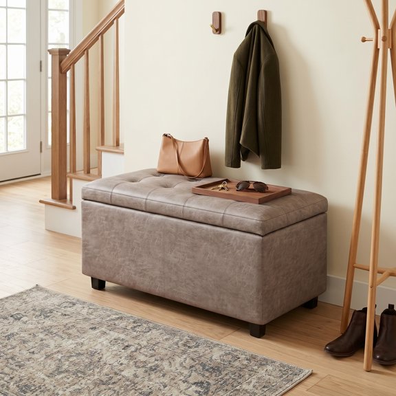 Cosmopolitan 34" Transitional Rectangle Ottoman in Gray Taupe Faux Leather