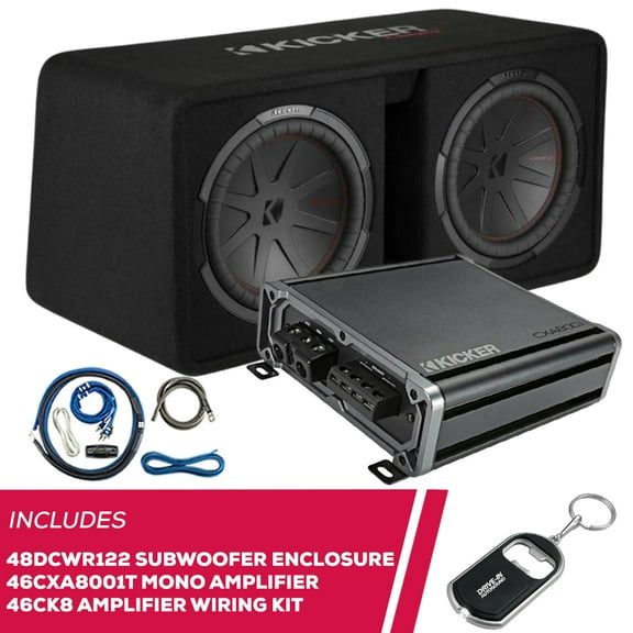New Kicker 48DCWR122 12" Enclosure Subwoofer w/ 46CXA8001T Amplifier & 46CK4 Amp Kit
