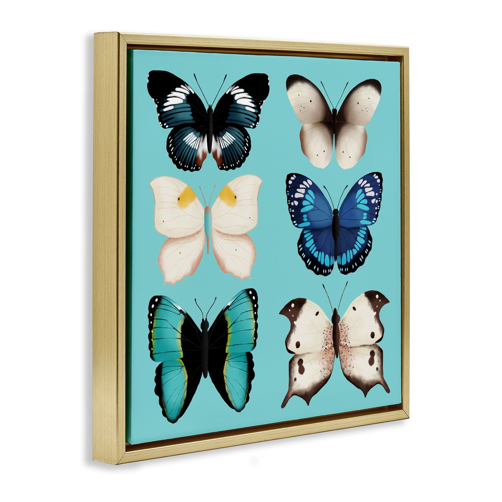 Stupell Industries Six Diverse Butterflies on Turquoise Gold Framed Floater Canvas Wall Art, design by Metka Hiti