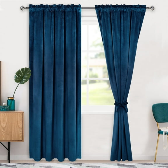 Hiasan Luxury Velvet Curtain with Tiebacks-Blackout Curtains for Bedroom/Living Room, Rod Pocket, Navy, 52" x 84", Set of 2
