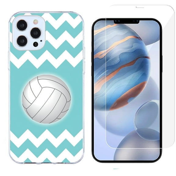 Slim-Fit Protective Phone Case compatible with iPhone 12 Pro Max, with Tempered Glass Screen Protector, by OneToughShield ® - Chevron/Teal/Volleyball