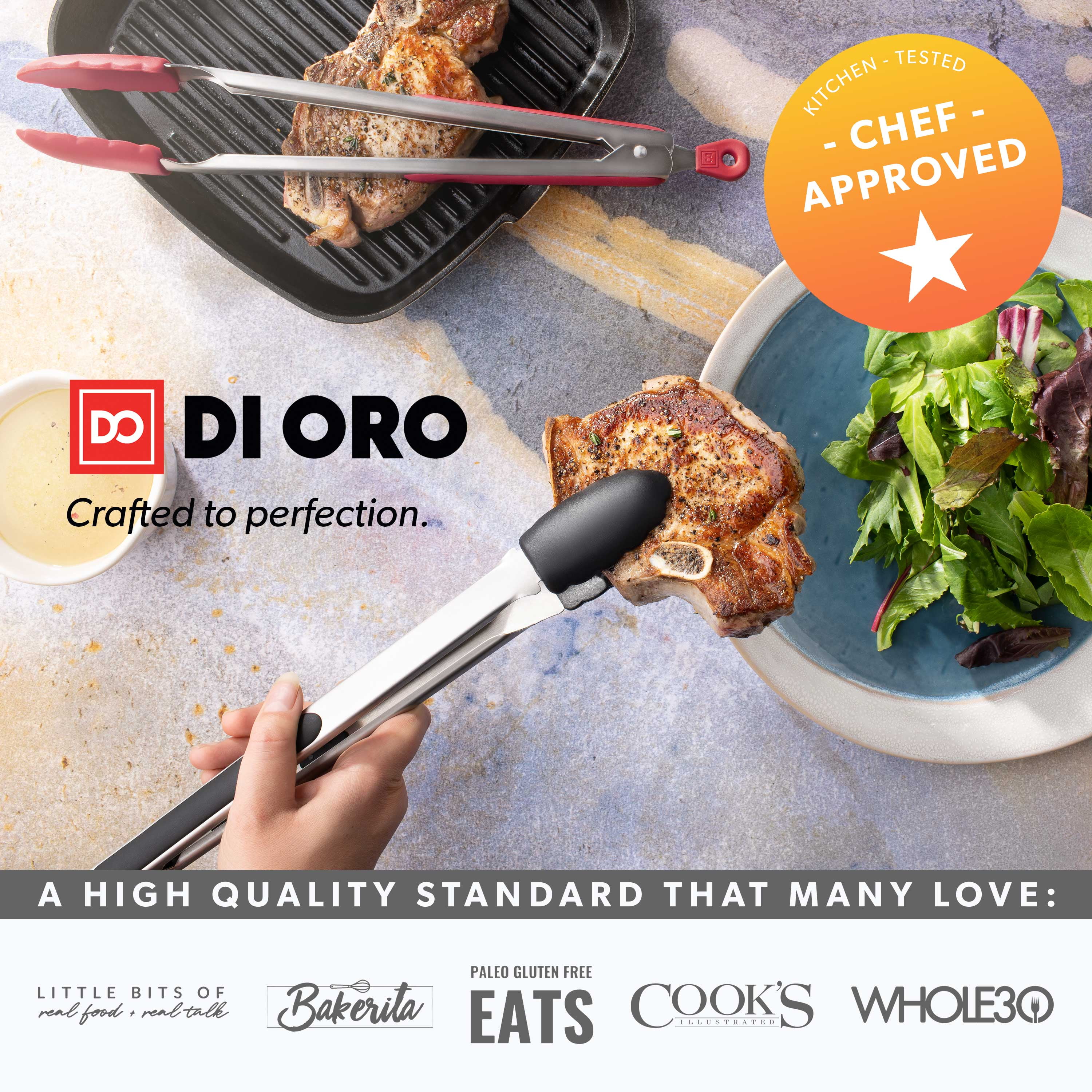 Serving New DI ORO 12-Inch Kitchen Tongs – Stainless Steel with Non-Stick 480F Heat-Resistant BPA Free Silicone Tips – Great Tool for Cooking Dishwasher Safe and Easy to Clean Black and Barbecuing
