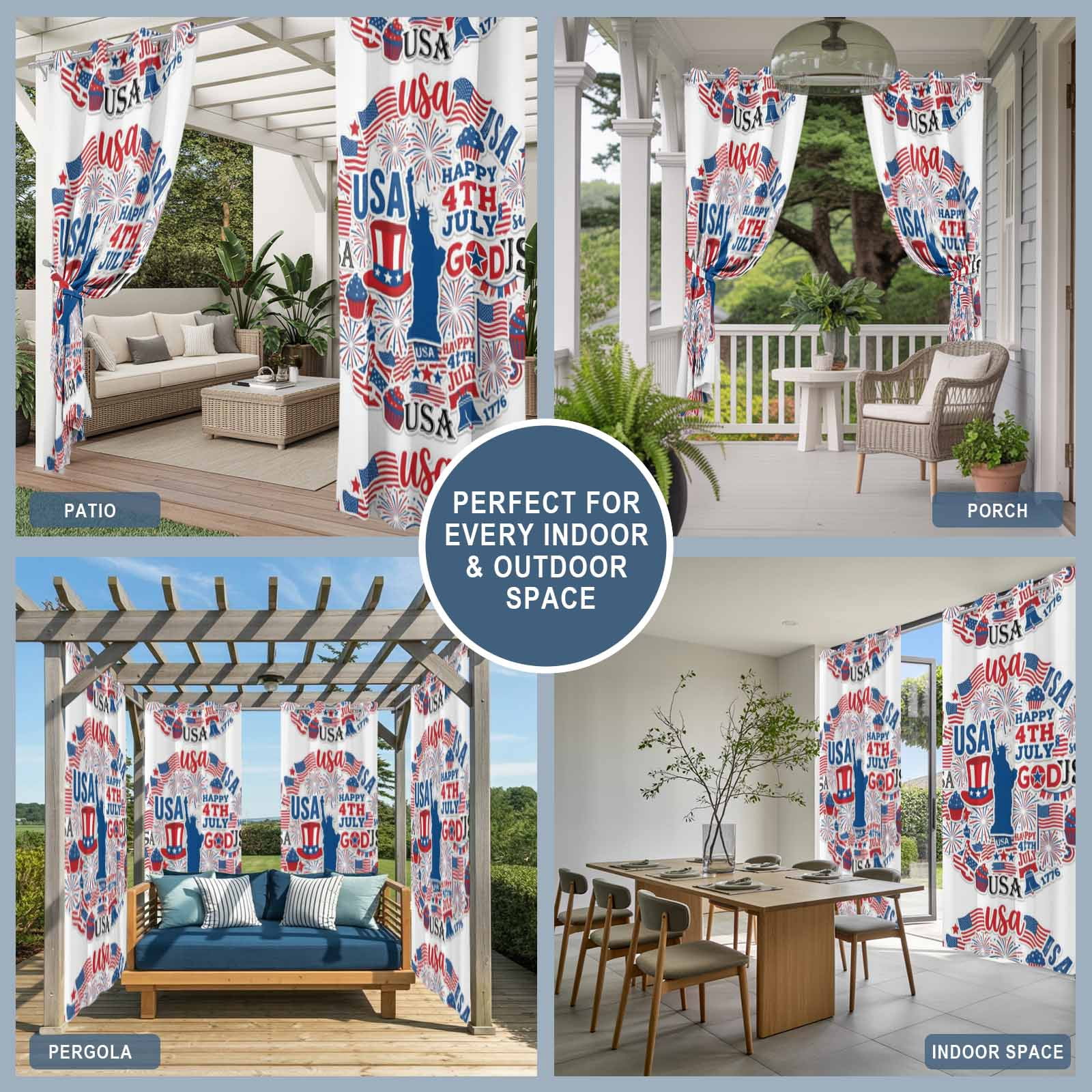 Independence Day Outdoor Curtains for Patio, Statue of Liberty Silhouette U. S. Flag Sunshade Privacy Drapes Grommet Waterproof Outside Curtains for Porch/Cabana/Balcony 54"x 108", 1 Panel