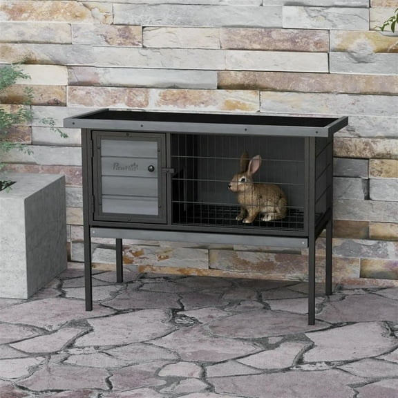 Pefilos 36" Outdoor Rabbit Hutch with Slide-out Tray and Openable Roof, Wooden Small Animal Habitat Enclosure Bunny Cage for Bunnies, Guinea Pigs, Gray
