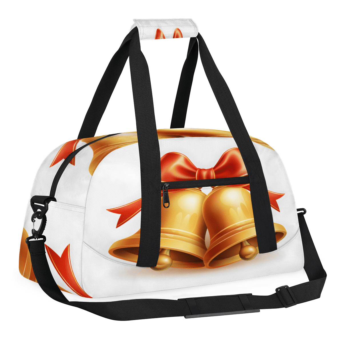 Herdesigns Christmas Sports Duffle Bag for Women & Men, Golden Bells Gym Bag Dance Bag Overnight Bag Carry On Weekender Travel Bag