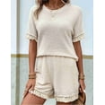 thumbnail image 5 of Womens Fringe Trim Textured Short Two Piece Set Waffle Tops and Short Sets L, 5 of 6