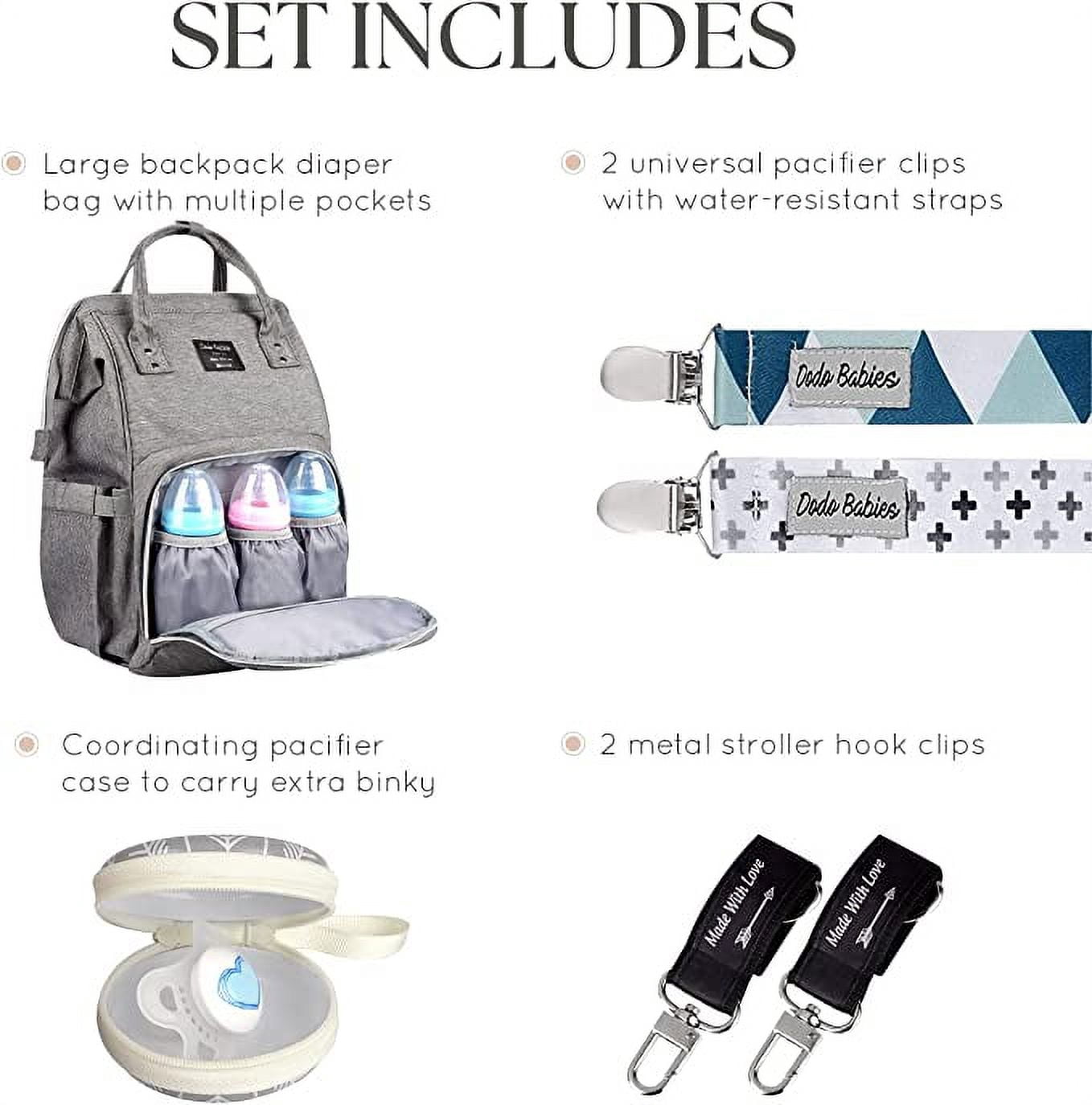 Dodo Babies Diaper Bag Backpack Set - Insulated & Waterproof Pockets - Plus Two Pacifier Clips, Binky Case & Stroller Straps (Teal/Grey)