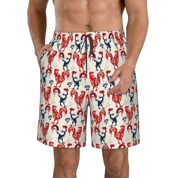 Balery Roosters Traje de Baño Estilo Hawaiano para Hombre, Shorts de Secado Rápido con Bolsillos-Large