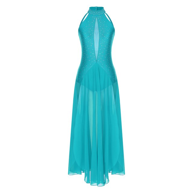 YiZYiF Robe de Performance de Danse Lyrique Longue pour Femmes, Dos Croisé Fendu, Danse de Salon Moderne, Bleu Vert, P