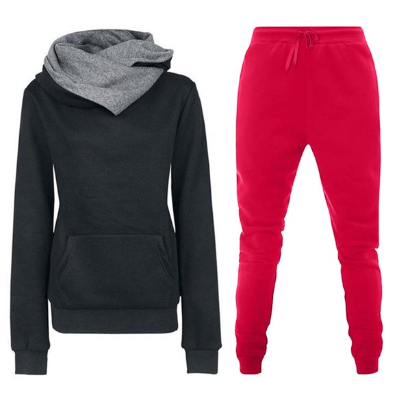 HBFAGFB Womens Pantsuit Casual Color Block Hooodie Daily Wear Jogger Pants with Pockets Red Size M