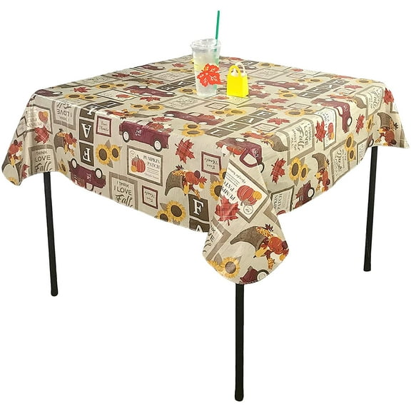 Serafina Home Fall Farmhouse Decor Flannel Vinyl Tablecloth: Colorful Pictorial Farm Truck Sunflowers Cornucopia Pumpkins Harvest Greetings 52