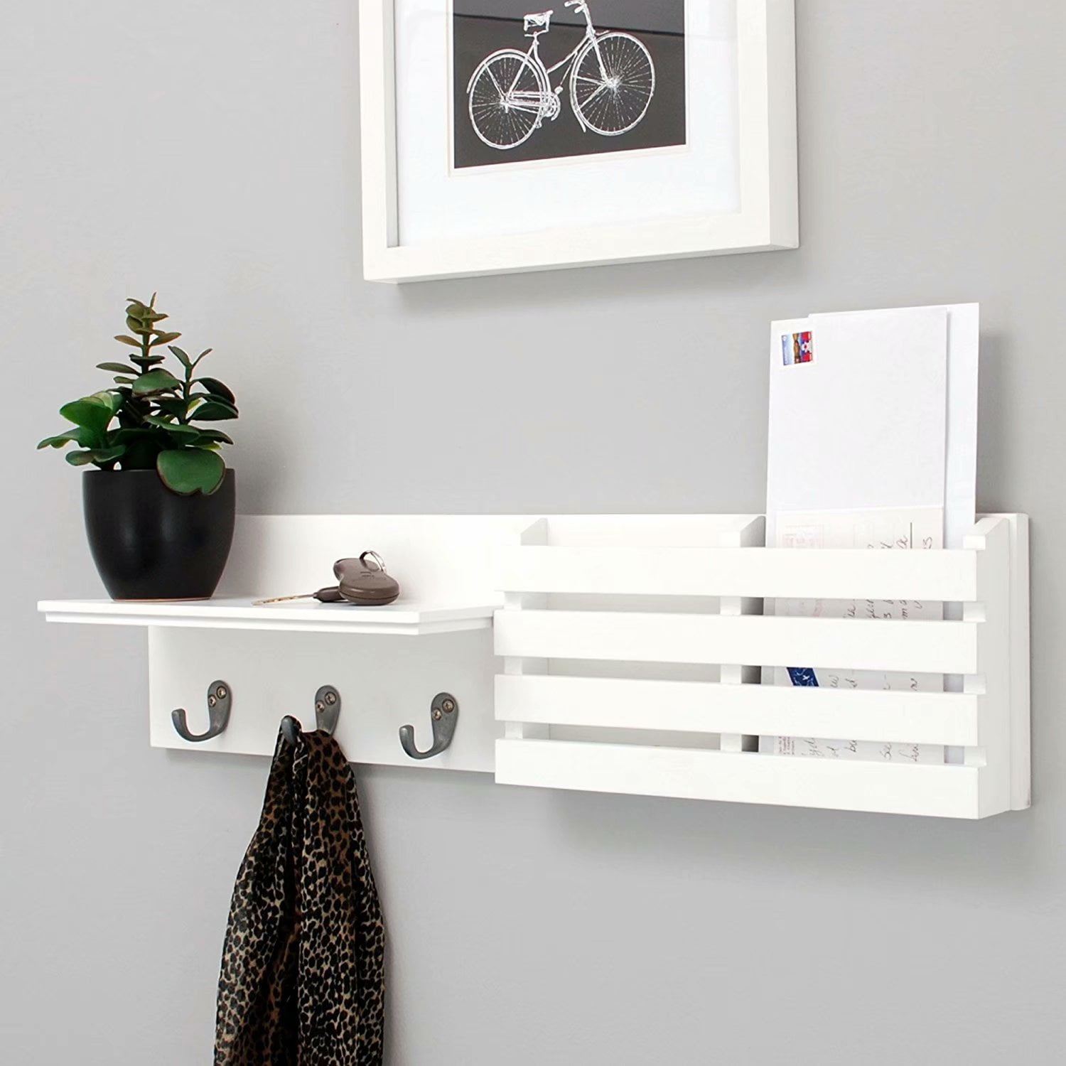 Kiera Grace Sydney Wall Shelf & Mail Holder w/ 3 Hooks 24-Inch by 6-Inch White 
