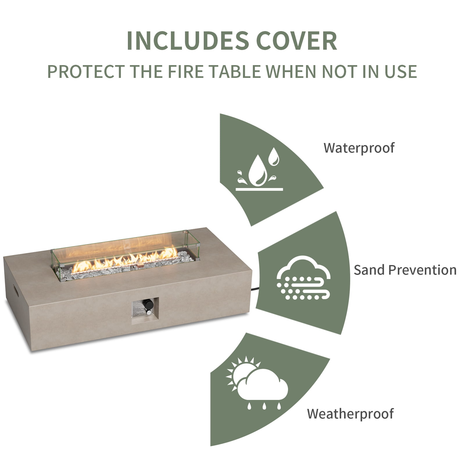 VENTOPYR Outdoor Rectangular Propane Fire Pit Table, Terrazzo Gray Concrete Finish, 50,000 BTU Stainless Steel Burner with Glass Wind Guard, Rain Cover