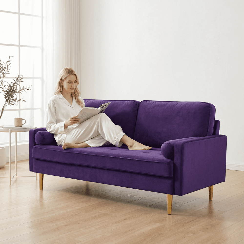 65" Velvet Upholstered Small Loveseat Couch, 2 Seater Sofa with Pine Wood Frame, Comfortable Loveseat with High-Density Sponge for Living Room, Purple
