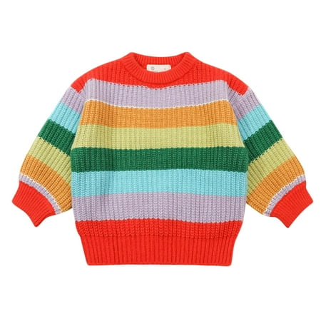 

SYNPOS 1-7T Kids Little Girls Crewneck Stripe Pullover Knit Tops Sweater