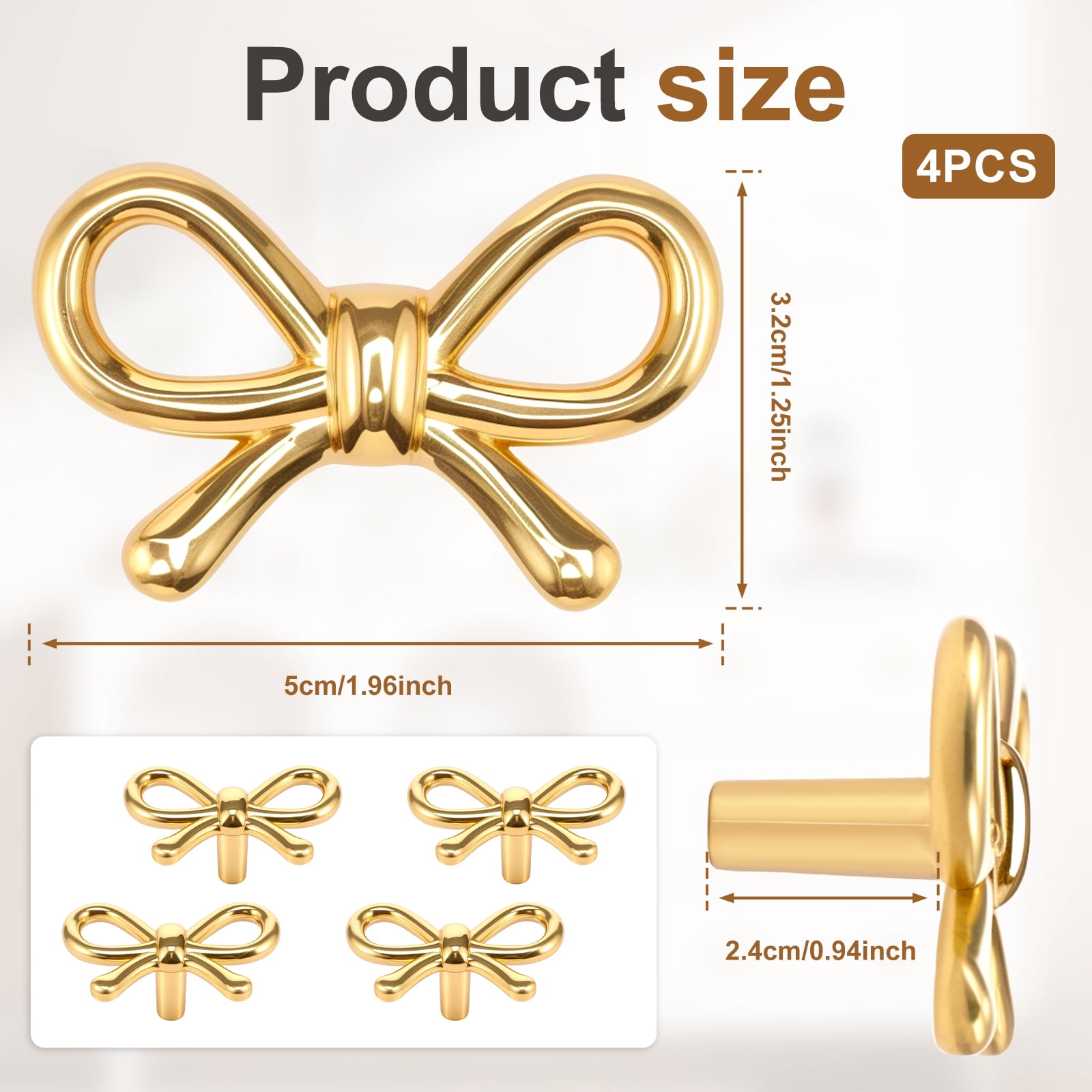 2/4/6 Pcs Bow Shape Drawer Knobs Gold Brass Cabinet Pulls with Screws Decorative Cupboard Handles for Dresser Wardrobe Drawer Cabinet
