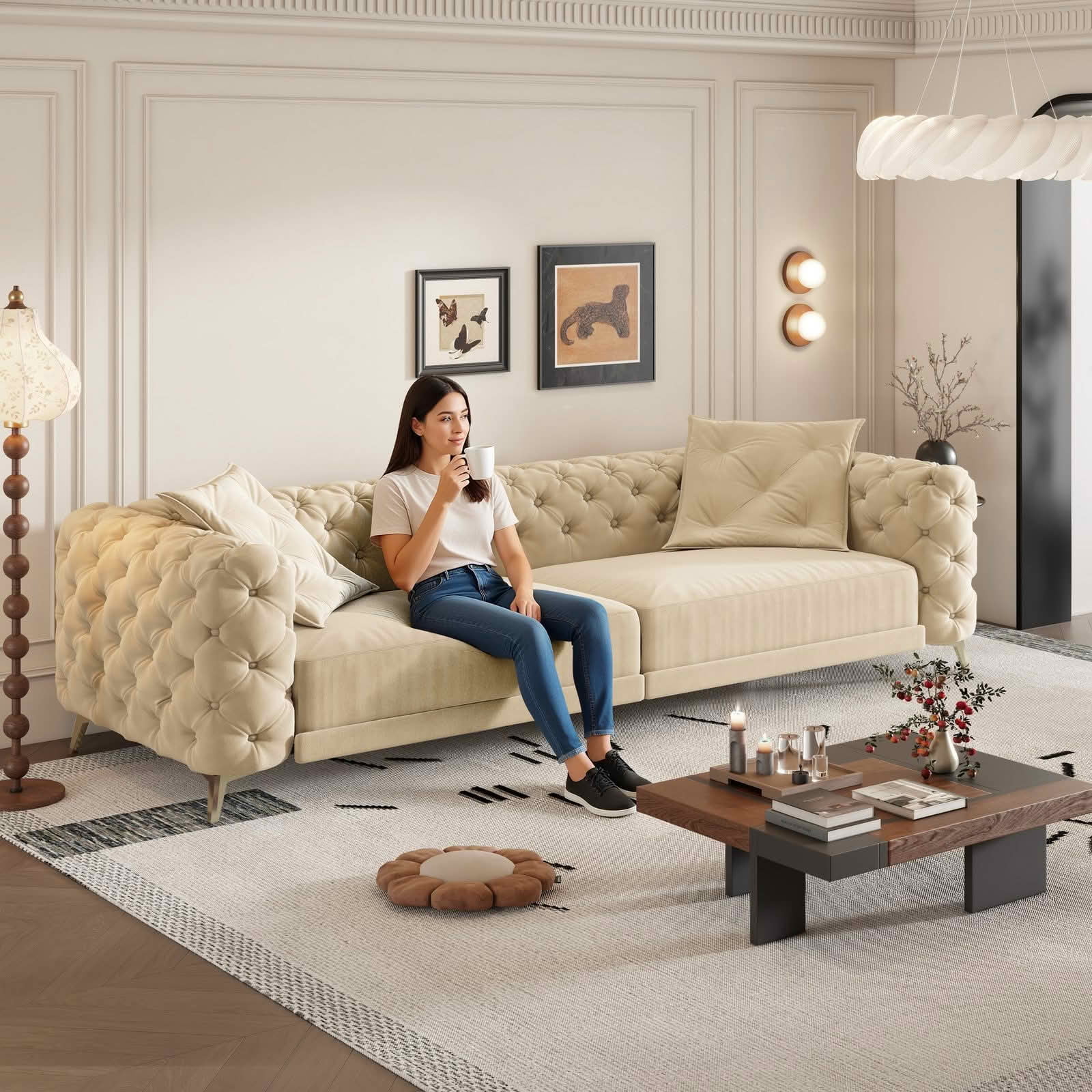MAYEERTY 97.7" 3‑in‑1 Convertible Sleeper Sofa Bed, Deep‑Seat Tufted Velvet 4‑Seater Couch with Movable Ottoman, 2 Pillows Included