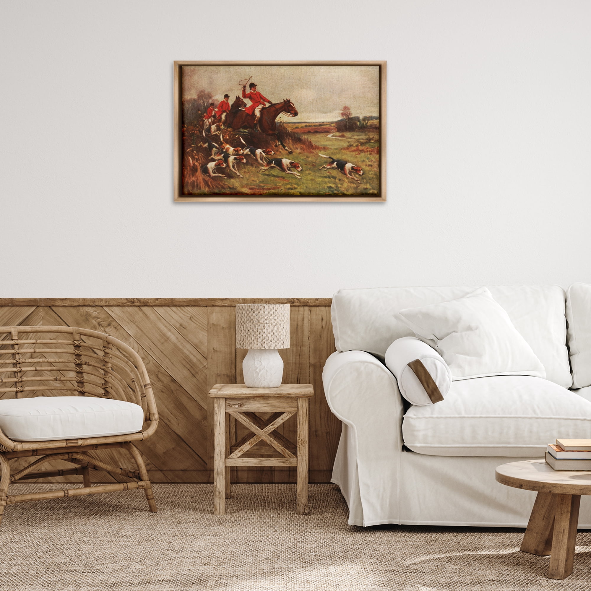 Stupell Industries Hunting Dogs in Countryside People Painting Brown Floater Framed Canvas Art Print Wall Art, 31 x 21